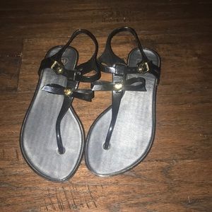 Mel by Melissa Black Jelly T-Strap Sandals with Gold Accents